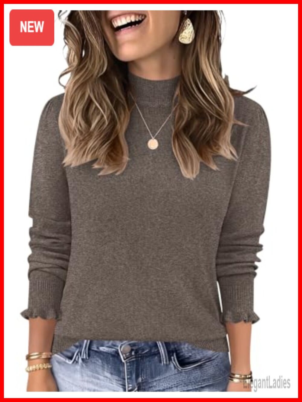 Mock Neck Sweater Wool Blend Knit Pullover Ruffle Sleeve